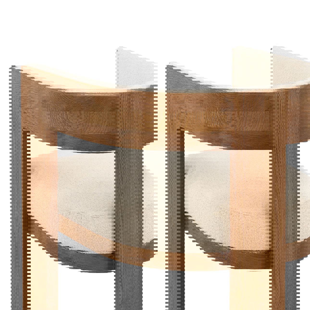 Rounded Ash wood dining chair in natural medium finish with synthetic fabric cream on seat and back, detail back