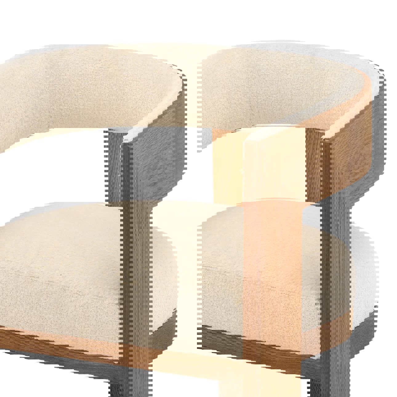 Rounded Ash wood dining chair in natural medium finish with synthetic fabric cream on seat and back, detail front