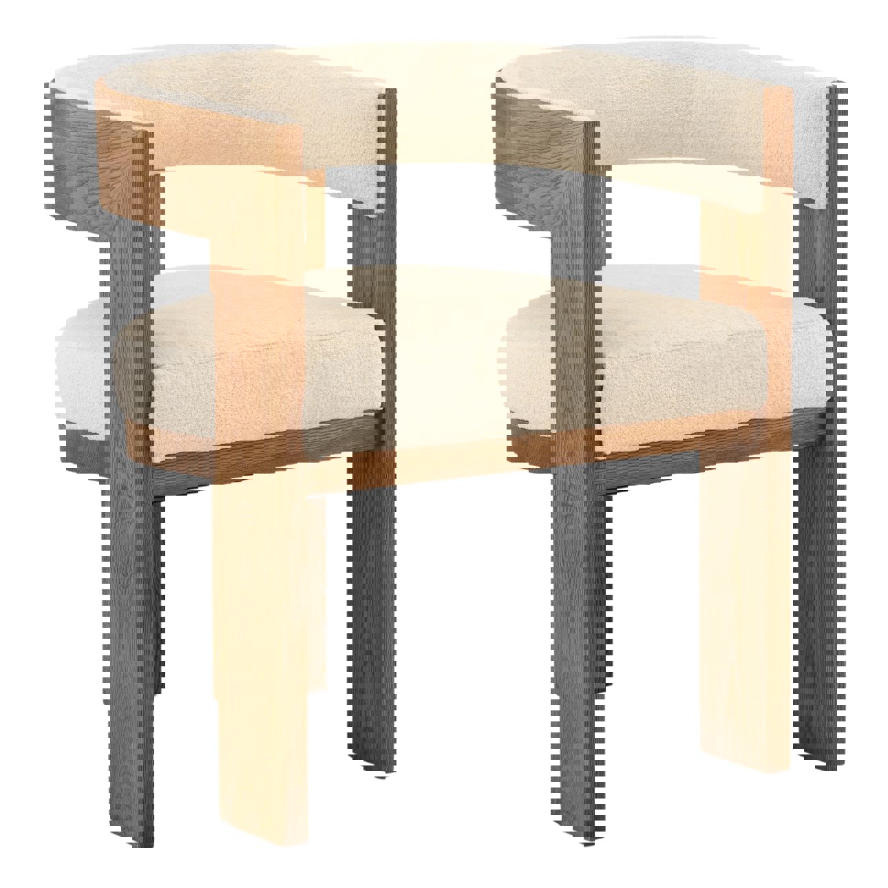 Rounded Ash wood dining chair in natural medium finish with synthetic fabric cream on seat and back, three quarter view