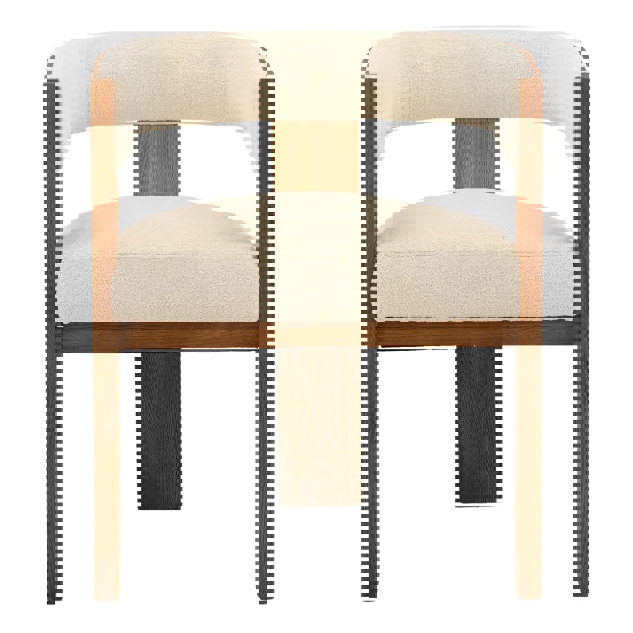 Rounded Ash wood dining chair in natural medium finish with synthetic fabric cream on seat and back, front view