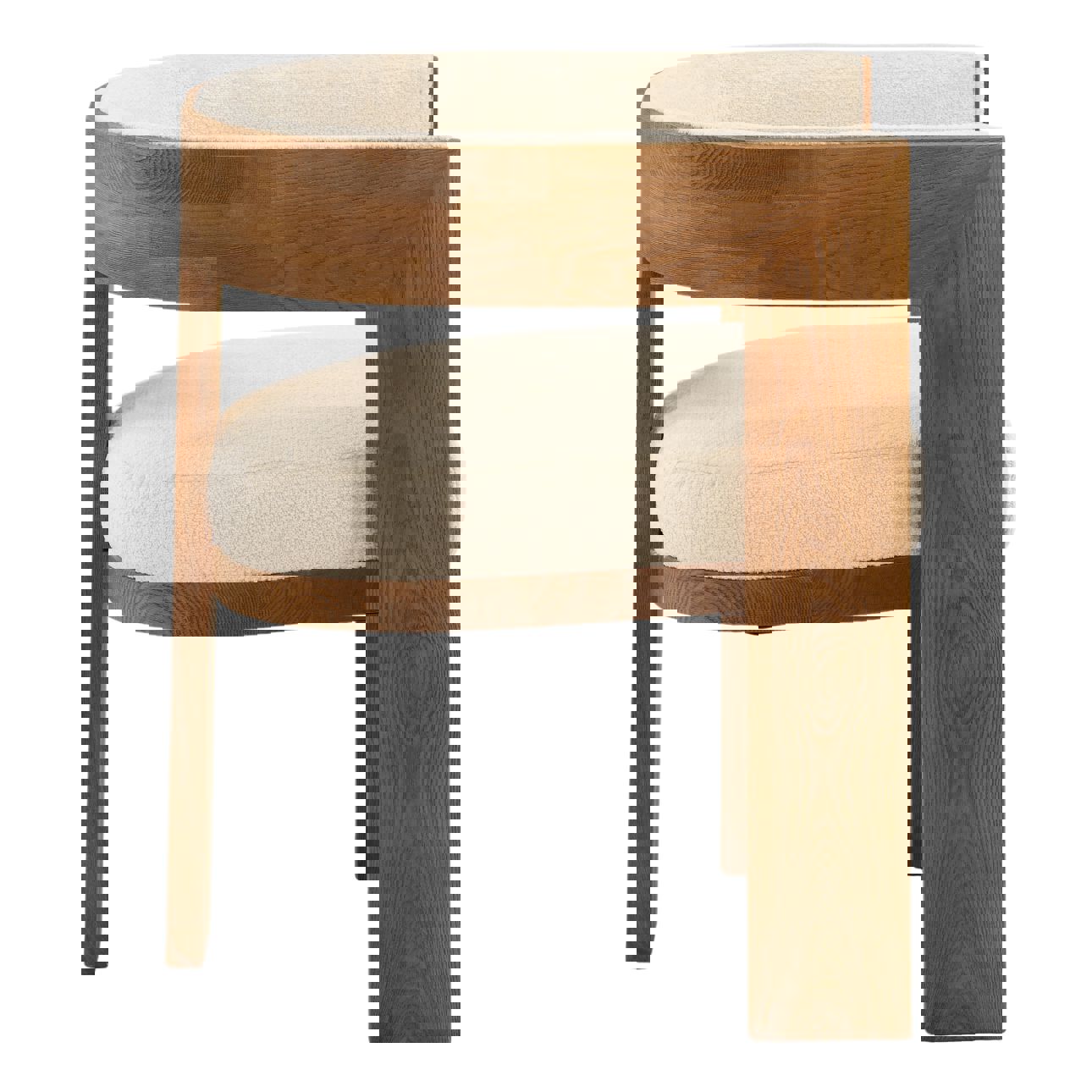 Rounded Ash wood dining chair in natural medium finish with synthetic fabric cream on seat and back, profile view