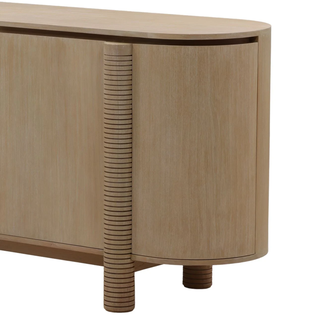 Simple sideboard in natural wood finish and minimalist design, blending rustic warmth with modern elegance for practical and stylish storage solutions, detail door closed