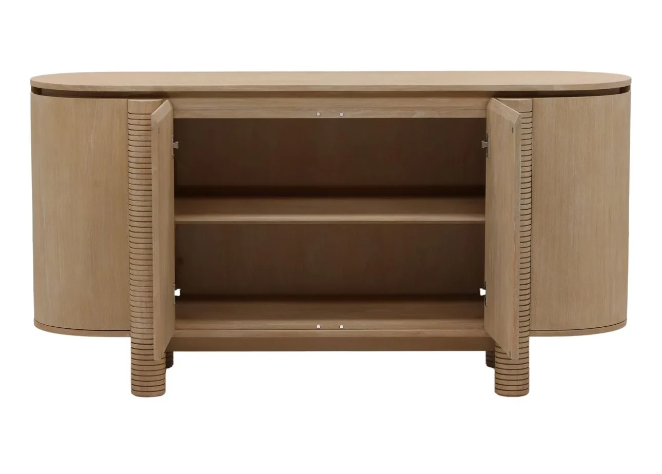 Simple sideboard in natural wood finish and minimalist design, blending rustic warmth with modern elegance for practical and stylish storage solutions, open center doors