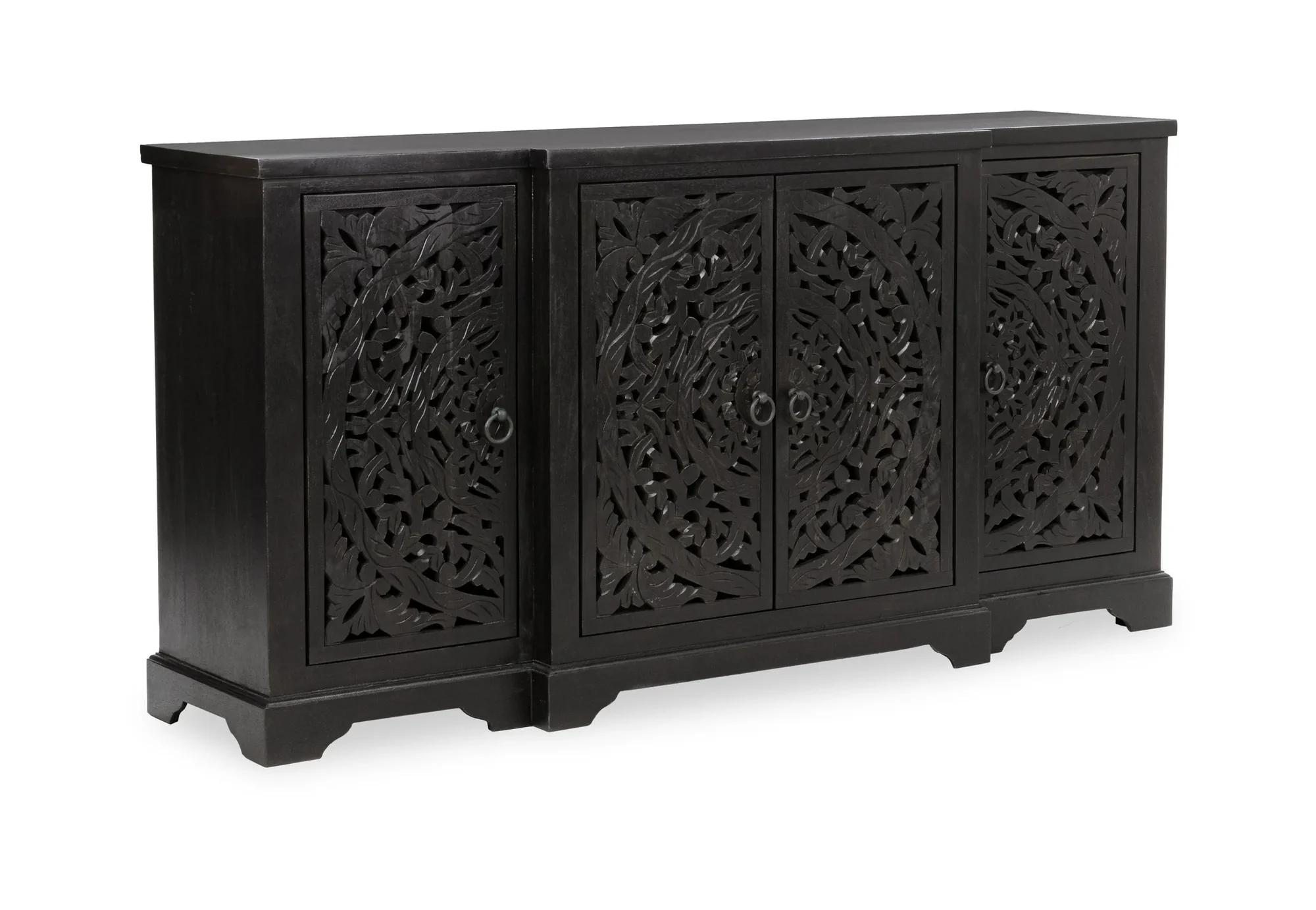 4-door mango wood Buffet in black, featuring intricately hand-carved floral panels that blend artistry with function, Three quarter view