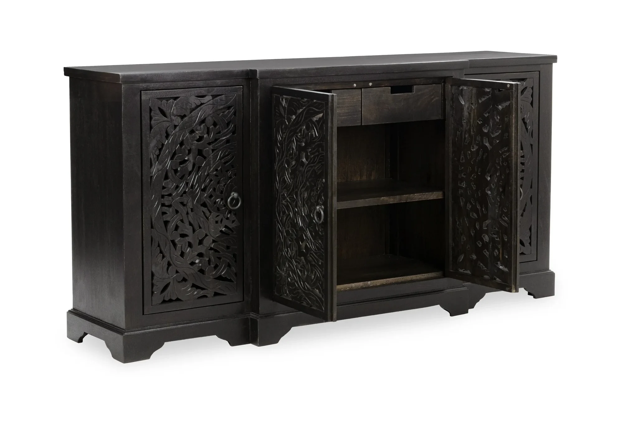 4-door mango wood Buffet in black, featuring intricately hand-carved floral panels that blend artistry with function. Open door view