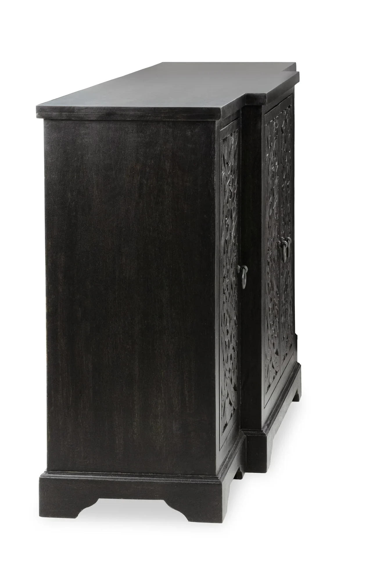 4-door mango wood Buffet in black, featuring intricately hand-carved floral panels that blend artistry with function. Profile view