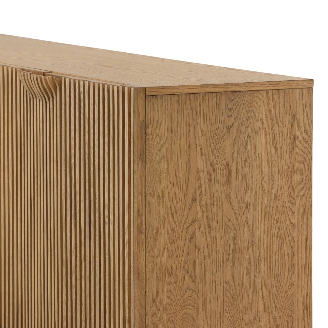 4 door oak wood and veneer storage cabinet with natural finish and modern design for living room or dining room storage. Corner detail