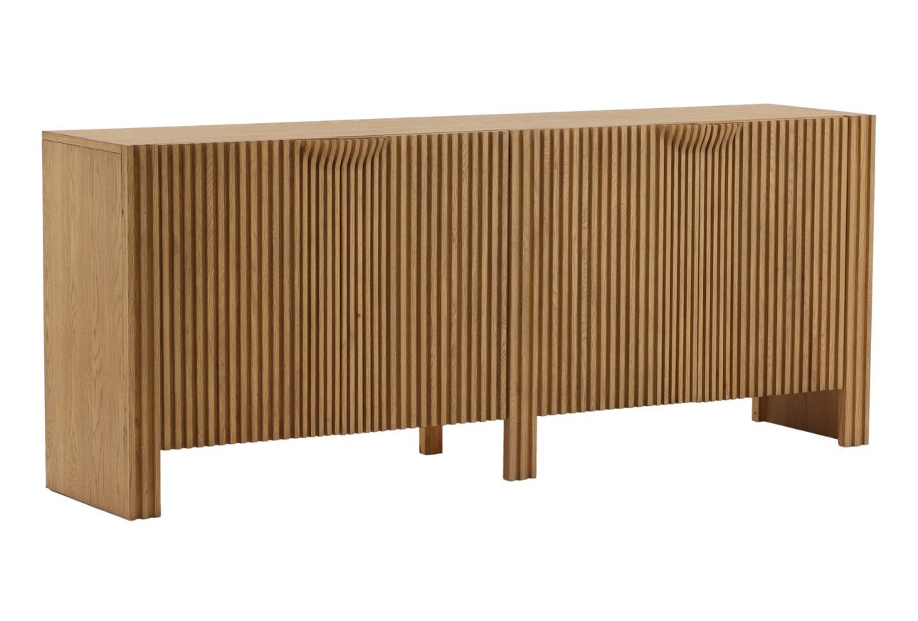 4 door oak wood and veneer storage cabinet with natural finish and modern design for living room or dining room storage. Three quarter view