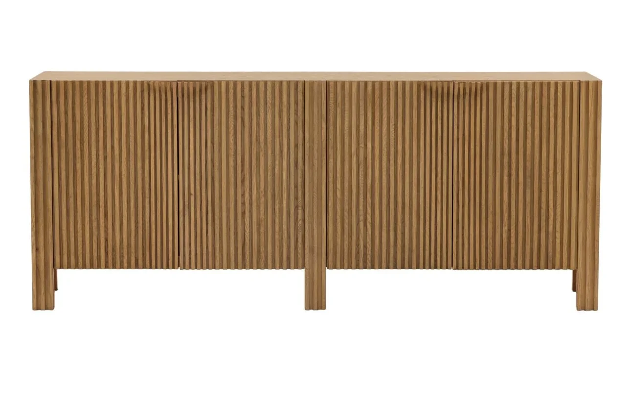 4 door oak wood and veneer storage cabinet with natural finish and modern design for living room or dining room storage. Front view