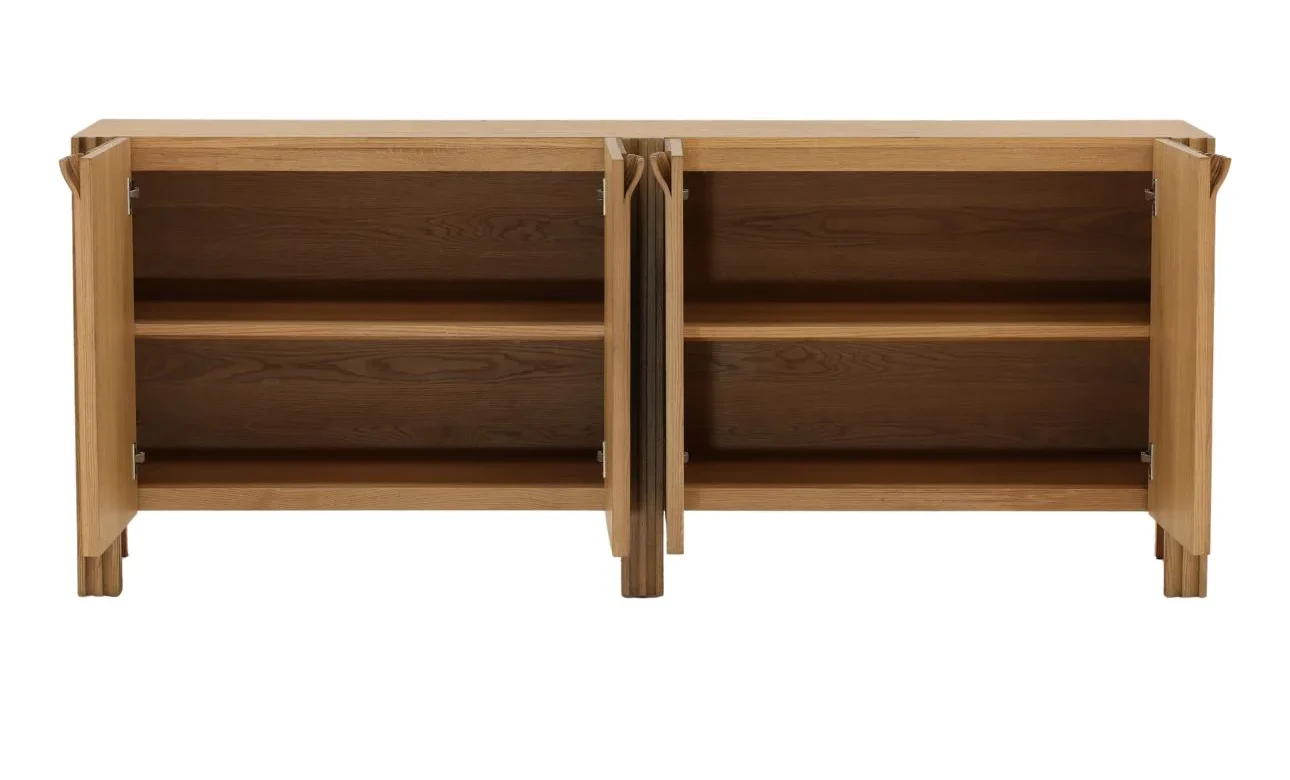 4 door oak wood and veneer storage cabinet with natural finish and modern design for living room or dining room storage. Open view