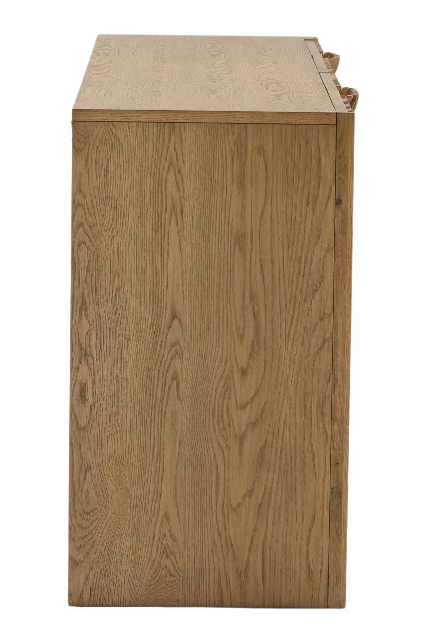 4 door oak wood and veneer storage cabinet with natural finish and modern design for living room or dining room storage. Profile view, legs are not showing