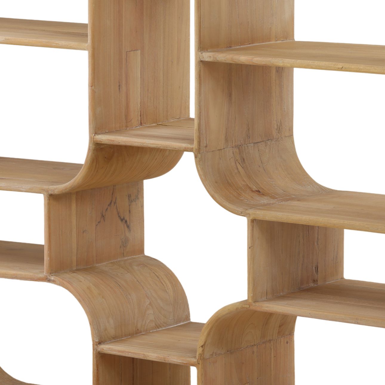 Natural teak wood bookcase with curved open shelves and sculptural modern design for display and storage. Center of bookshelf detail