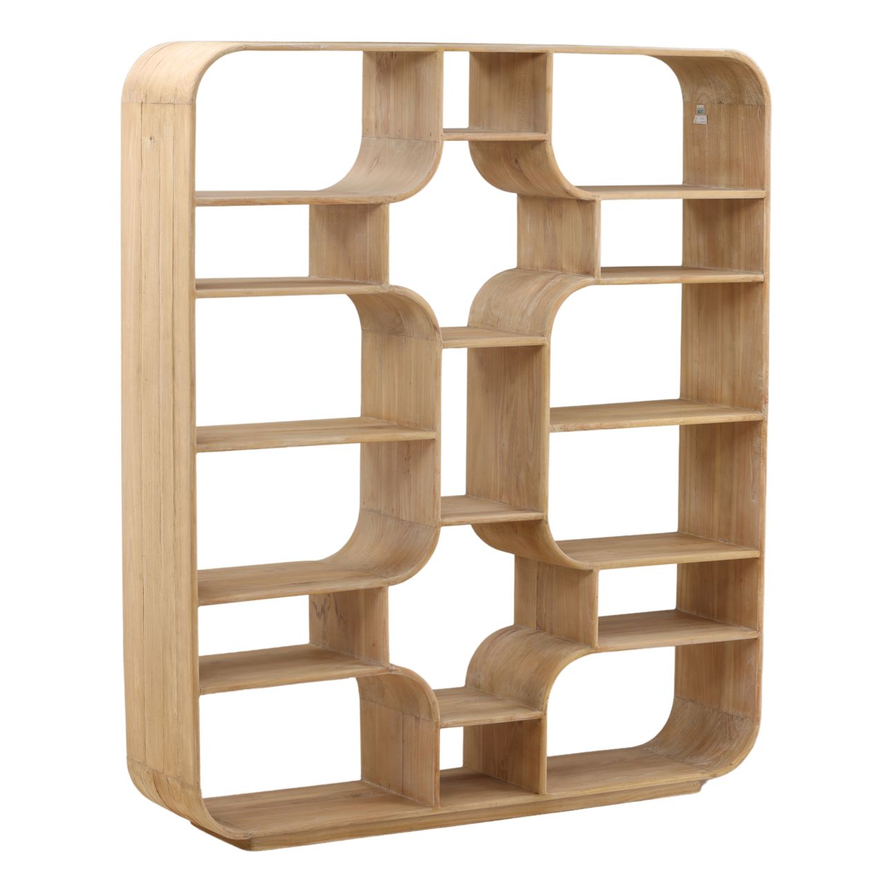 Natural teak wood bookcase with curved open shelves and sculptural modern design for display and storage. Three quarter view