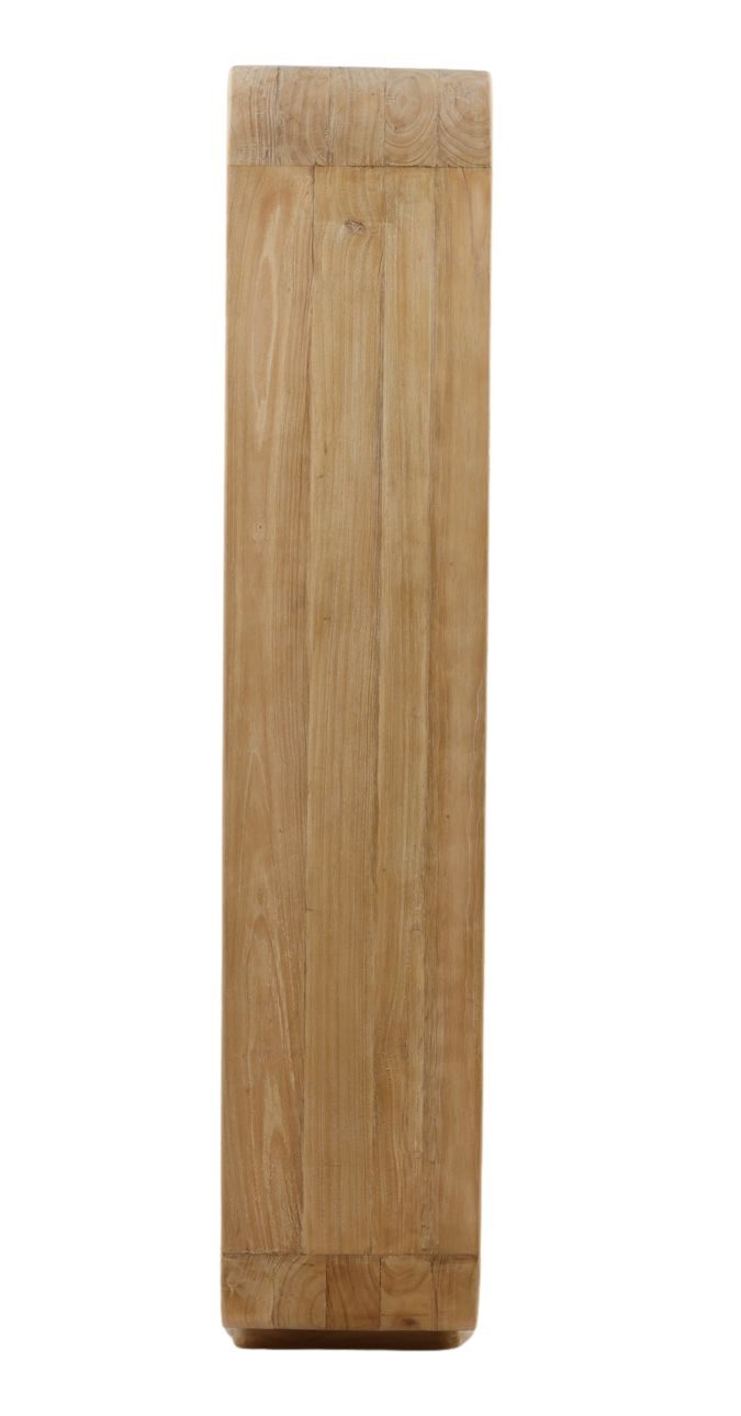 Natural teak wood bookcase with curved open shelves and sculptural modern design for display and storage. Side view