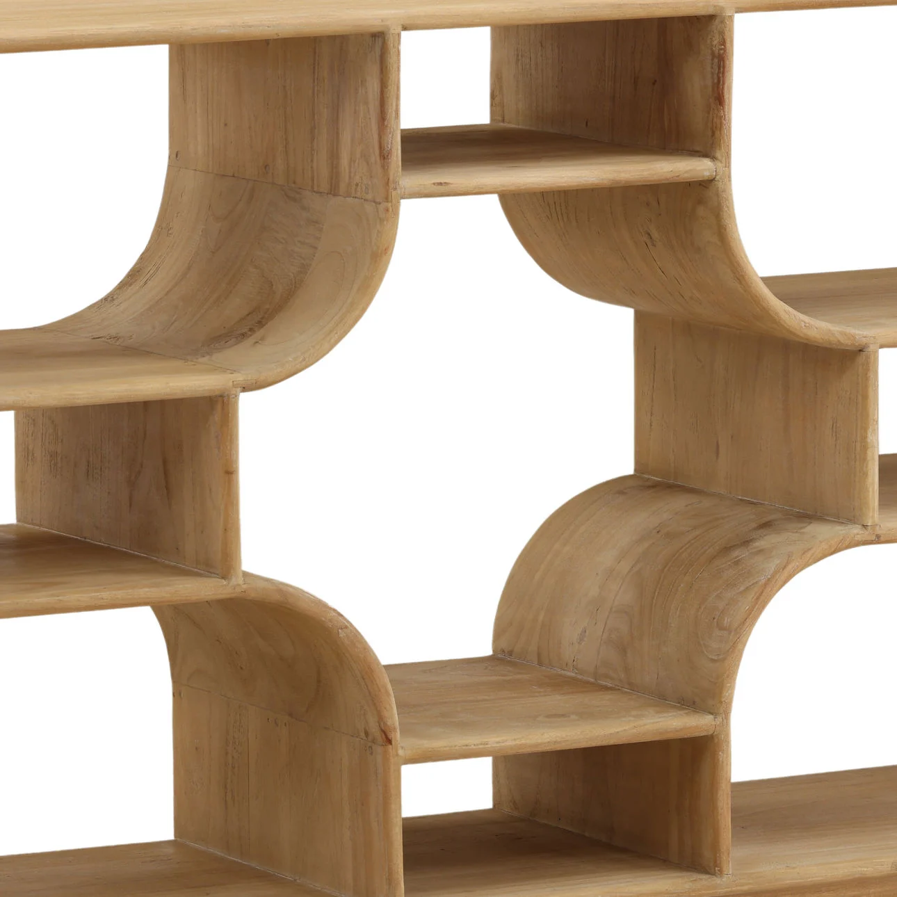 Natural teak low wood bookcase with curved open shelves and sculptural modern design for display and storage. Center bookshelf detail