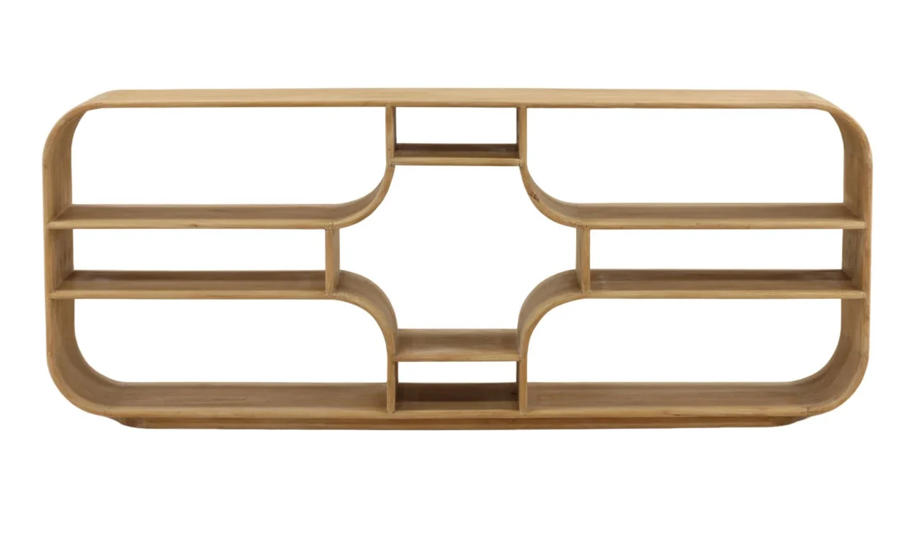 Natural teak low wood bookcase with curved open shelves and sculptural modern design for display and storage. Front view