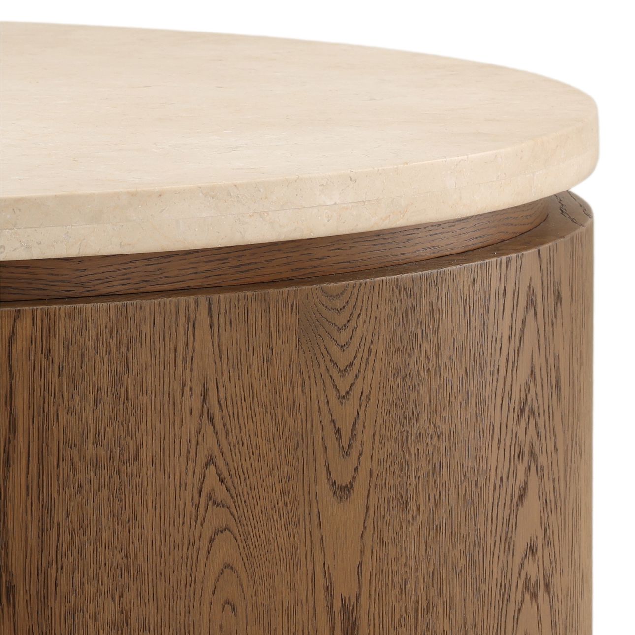 Modern round coffee table with a brown oak wood veneer base and smooth tendu marble top, contemporary living room furniture with elegant natural finishes. Brown finish detail