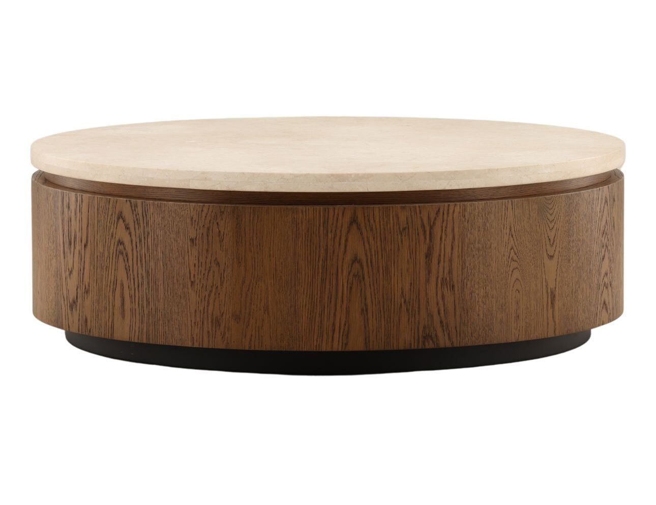 Modern round coffee table with a brown oak wood veneer base and smooth tendu marble top, contemporary living room furniture with elegant natural finishes. Profile view