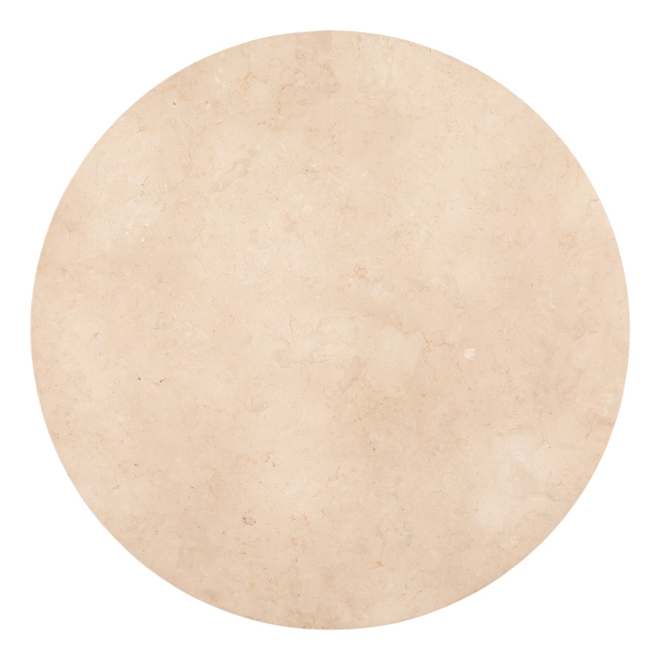 Modern round coffee table with a brown oak wood veneer base and smooth tendu marble top, contemporary living room furniture with elegant natural finishes.Top view